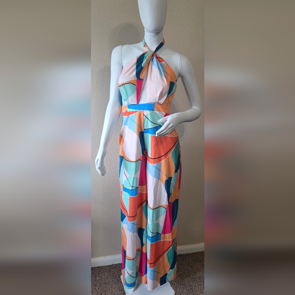 Abstract Multicolor Halter Wide-Leg Jumpsuit